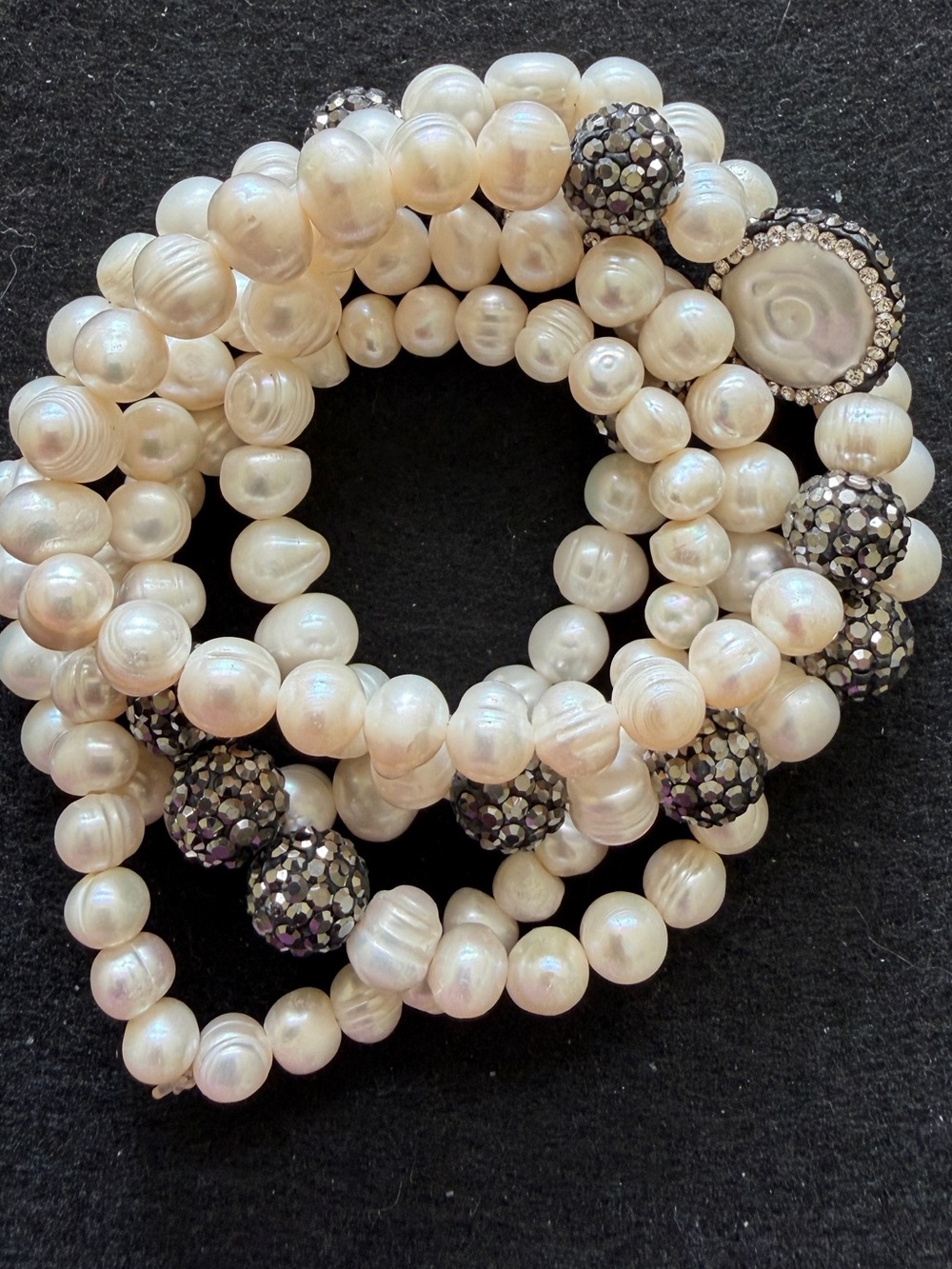 Hand Crafted White Pearl Multi-Strand Stretch Bracelet with Sparkle Accents